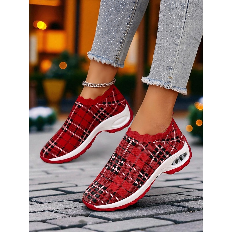 Women's Red Plaid Slip-On Sneakers with Air Cushion Sole, Comfortable Lightweight Casual Shoes for Christmas, Walking and Travel4