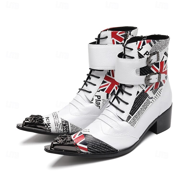 Men's White and Black Genuine Leather British Flag Punk Rock Boots, 100% Cowhide Lace-Up Ankle Boots with Buckle Straps for Stage, Cosplay and Gothic Fashion2