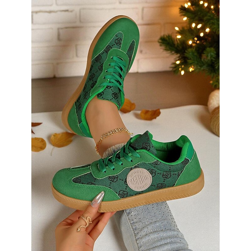 Women's Green Lace-Up Casual Sneakers with Printed Pattern and Gum Sole, Comfortable Fashion Sports Shoes for Christmas, Daily Wear & Street Style3