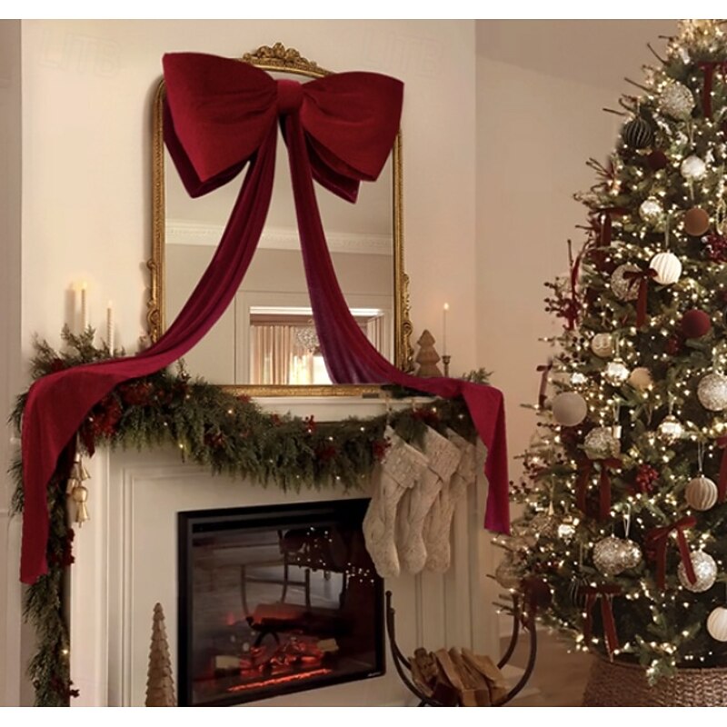 6 Ft Giant Bows for Christmas Tree Big Red  White Velvet Bow for Tree Topper Window Wall Mantle - Indoor Home Room Party Valentines Xmas Decoration3