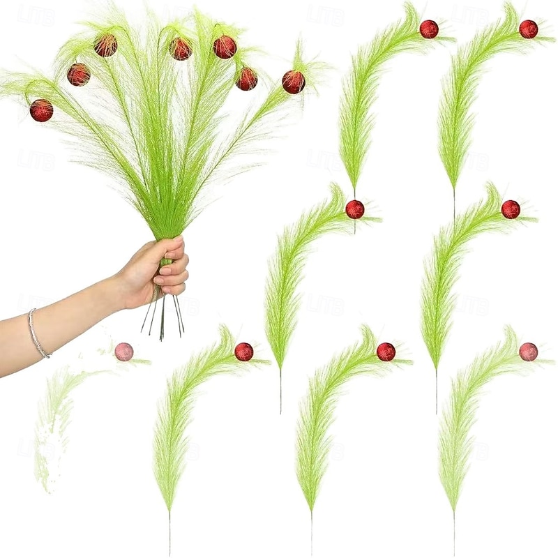 5pcs Christmas Artificial Pampas Grass Decorations, Green Stem with Red Ball Elf Ornaments for Xmas Tree, Holiday Home and Party Decor