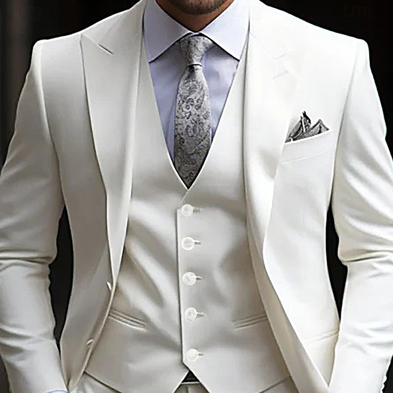 Men's Wedding Party Suits White Fashion Formal Solid Colored Standard Fit 3 Piece Single Breasted Two-buttons2