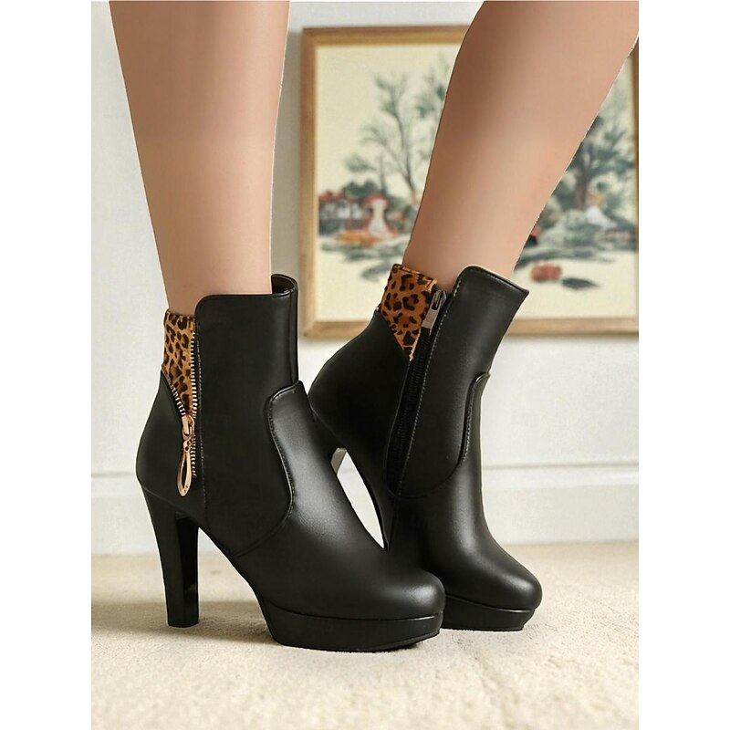 Women's Black High Heel Ankle Boots with Leopard Print Cuff and Side Zipper, Elegant Platform Booties for Parties, Nightclub & Casual Chic Outfits4