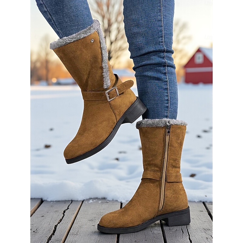 Women's Black Mid-Calf Snow Boots with Faux Fur Lining and Side Zipper, Warm Faux Suede Winter Boots with Buckle Strap for Outdoor Casual Wear2