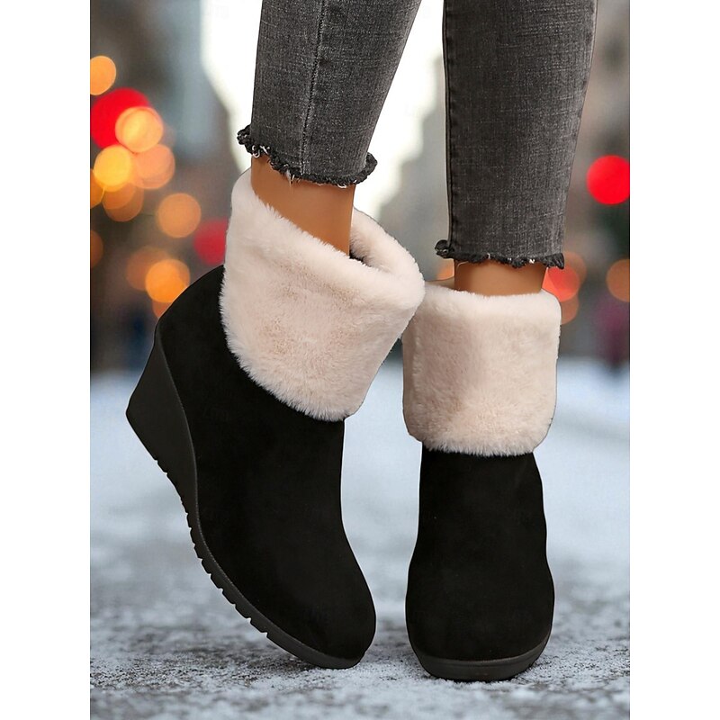 Women's Black Suede Wedge Ankle Boots with Faux Fur Lining - Winter Warm Non-Slip Casual Snow Boots for Outdoor and Daily Wear2