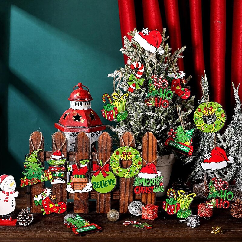 12pcs Christmas Wooden Green Monster Ornaments, Plush Wooden Elf Hanging Decorations, Cute Holiday Xmas Tree Decor and Party Home Decor2
