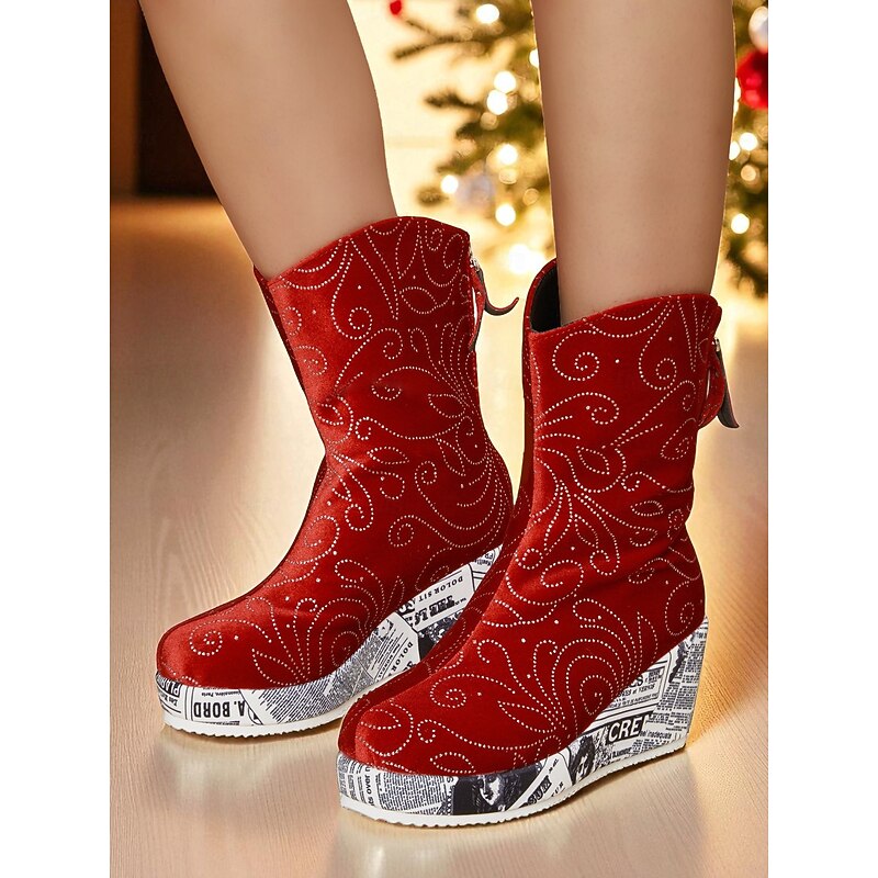 Women's Red Velvet Wedge Ankle Boots with Glitter Rhinestone Design and Printed Sole, Fashion Winter Party Shoes for Christmas & Night Out4
