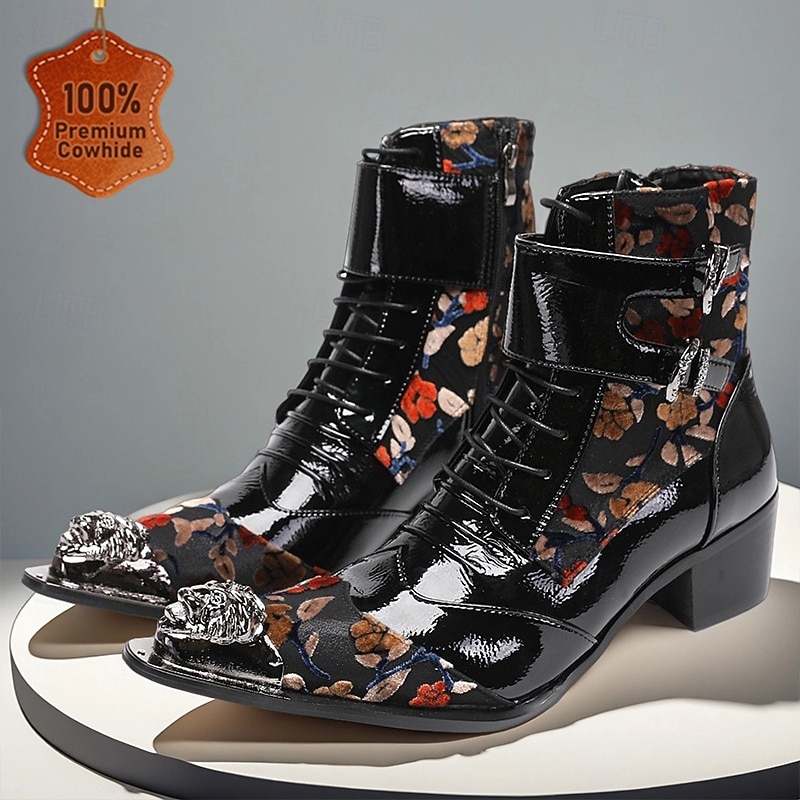 Men's Black Genuine Leather Floral Gothic Boots with Metal Toe Cap and Lace-Up Design, Cowhide Stage Performance Cowboy Boots for Rock and Nightclub Style