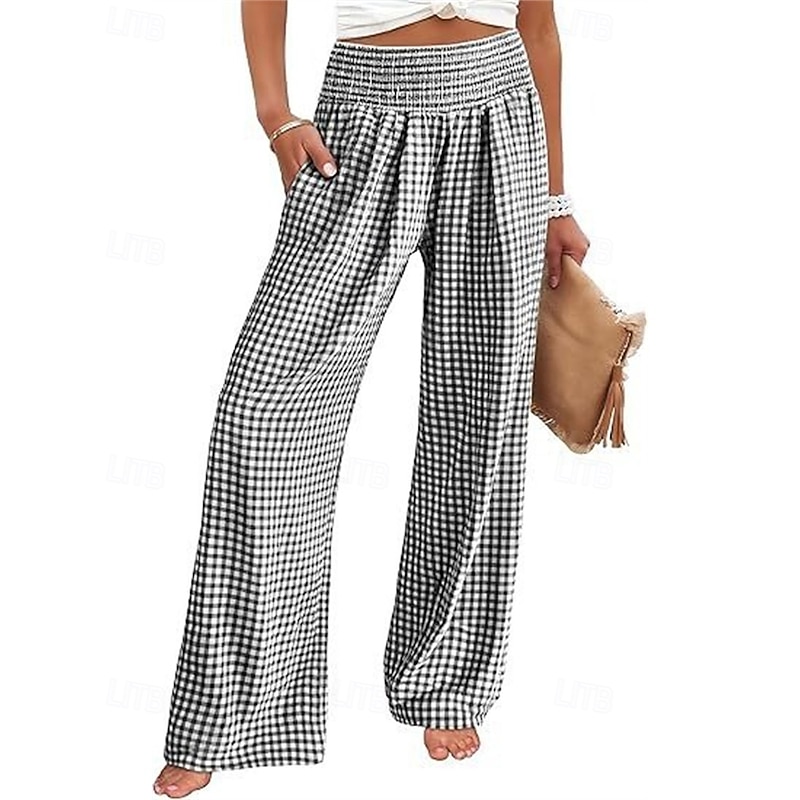 Women's Wide Leg Pants Trousers Streetwear Ethnic Style Casual Full Length High Waist Medium Waist Plaid Elastic Waist Comfortable Micro-elastic Outdoor Vacation Daily Black Pink Army Green Blue4