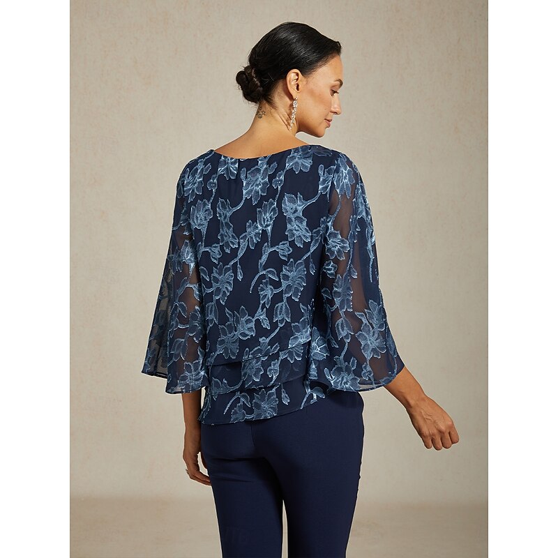 Women's Blouse Chiffon Tops Floral Elegant Stylish Casual Crew Neck Regular Tops Wedding Guest Date Night Outfits Cocktail Attire Lace Navy Blue Spring Fall Winter2