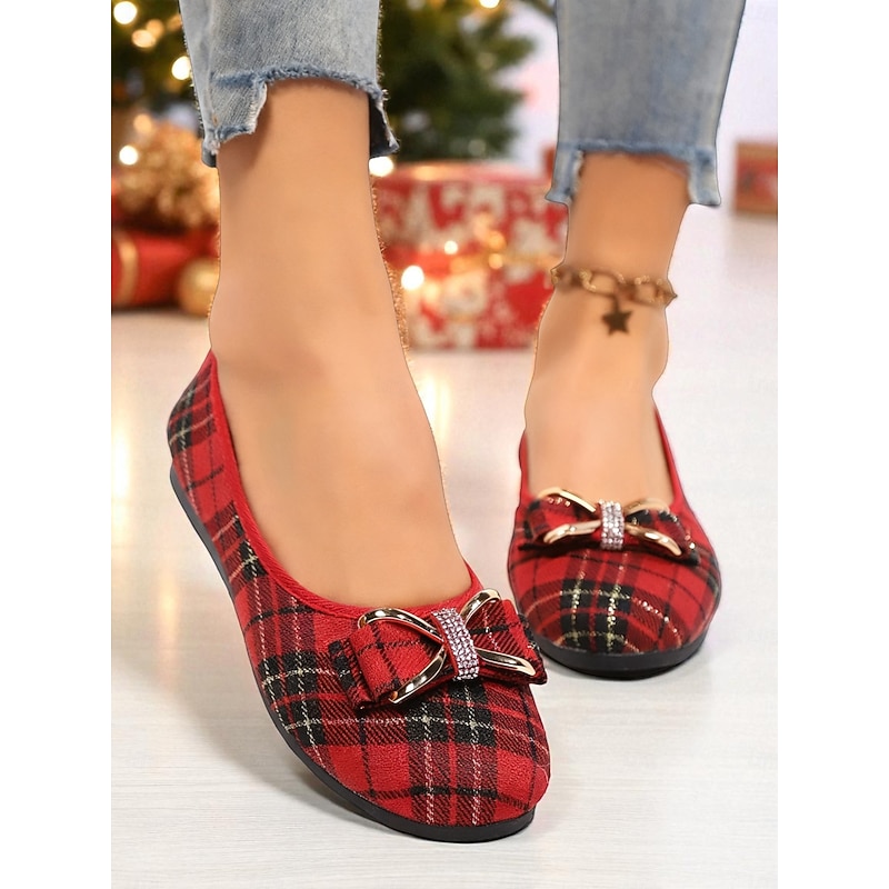 Women's Red Plaid Ballet Flats with Rhinestone Bow – Elegant Slip-On Dress Shoes for Daily Wear, Office and Christmas Parties2