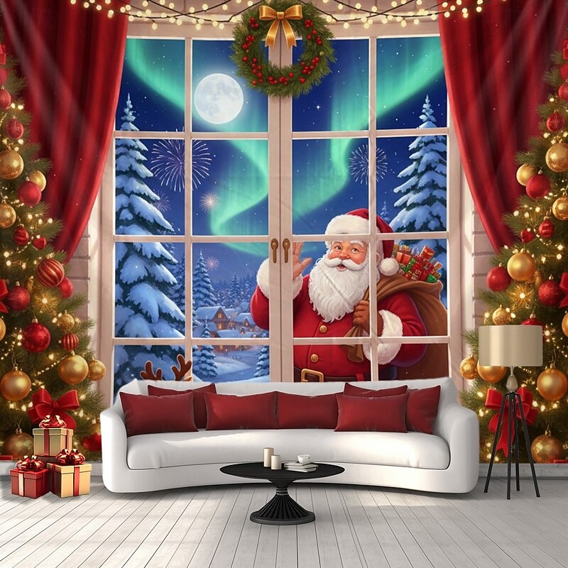 Christmas Hanging Tapestry Santa Claus with Christmas Wreath Aurora Borealis and Christmas Tree Large Wall Art Mural Decor Blanket Curtain Holiday Home Bedroom Living Room Festive Seasonal Decoration