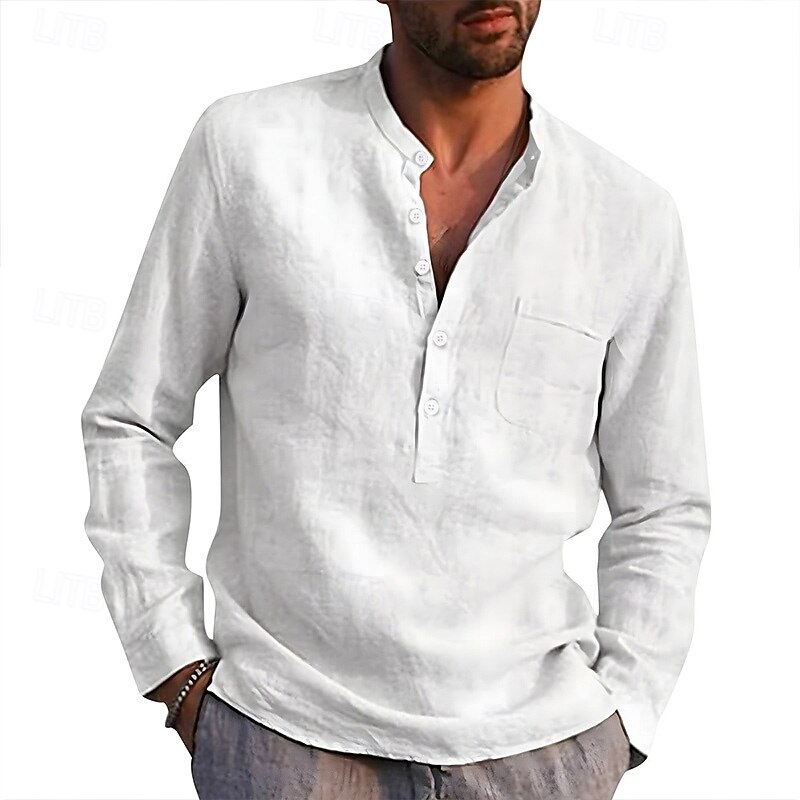Men's Shirt Linen Shirt Band Collar Shirt Summer Shirt Beach Wear Solid Color Street Hawaiian Light Blue Wine Red Black White Long Sleeve Collar Summer Spring Clothing Apparel2