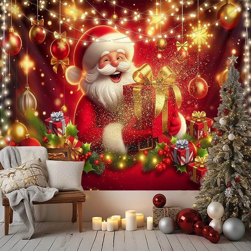 Christmas Hanging Tapestry Santa Claus Holding Gifts with Shiny Christmas Ornaments Sparkling Gold Print Large Wall Art Mural Decor Blanket Curtain Holiday Home Bedroom Living Room Festive Decoration4