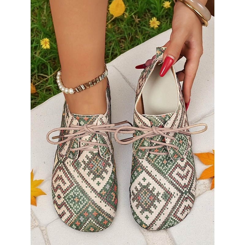 Women's Ethnic Print Lace-Up Casual Wide Fit Shoes – Comfortable Canvas Walking Shoes for Daily Wear, Travel, Work and Outdoor Activities