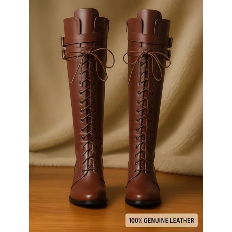 Women's Genuine Leather Knee High Boots, Premium Cowhide Material, Lace-Up and Buckle Detail, Block Heel, Urban Casual Fashion Footwear for Women2