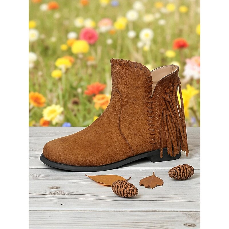 Women's Light Brown Fringed Ankle Boots – Vintage-Inspired Faux Suede Lace-Up Boots for Fall, Casual Days and Outdoor Adventures2