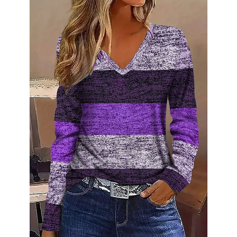 Women's T Shirt Graphic Geometric Vintage Stylish Classic Long Sleeve V Neck Regular Tops Daily Print Blue Purple Brown Green Spring Fall3