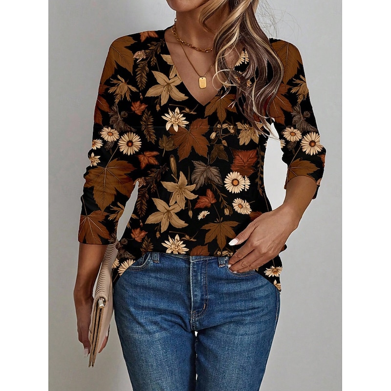 Women's T Shirt Floral Graphic Vintage Stylish Classic Long Sleeve V Neck Regular Tops Daily Print Brown Spring Fall
