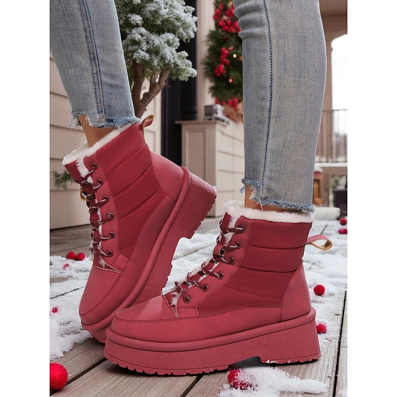 Women's Warm Fur Lined Waterproof Winter Boots, Lace-Up Platform Snow Boots with Non-Slip Sole, Fashionable Outdoor Casual Footwear for Cold Weather2