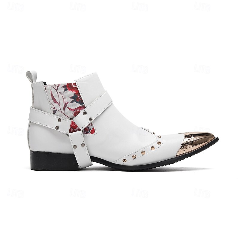 Men's White Genuine Leather Western Boots with Floral Print, Metal Studs, and Pointed Toe, 100% Cowhide Cowboy Ankle Boots for Stage, Parties and Rock Fashion4