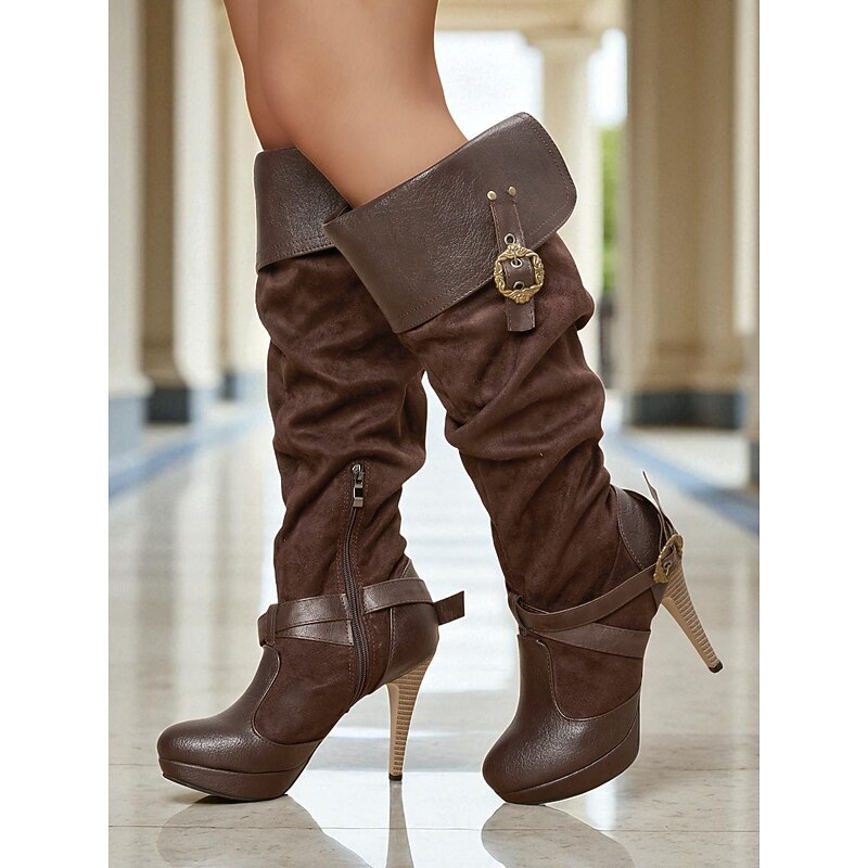 Women's Brown Medieval Over-the-Knee Boots with High Stiletto Heels and Buckle Strap Design, Vintage Renaissance Style Fashion Boots for Costume Parties, Cosplay & Night Out2
