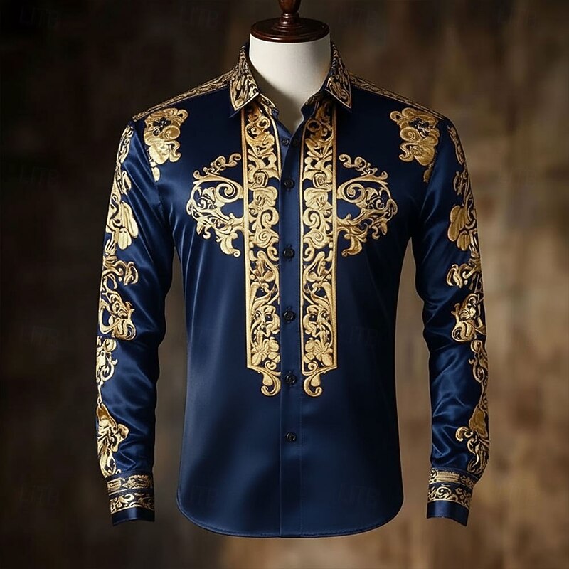 Men's Floral Print Ethnic Baroque Shirt Satin Shirt Dress Shirt Long Sleeve Vintage Retro Vacation Dailywear Summer Spring Fall Turndown 3D Print Button Up Shirts Black Wine Dark Blue3