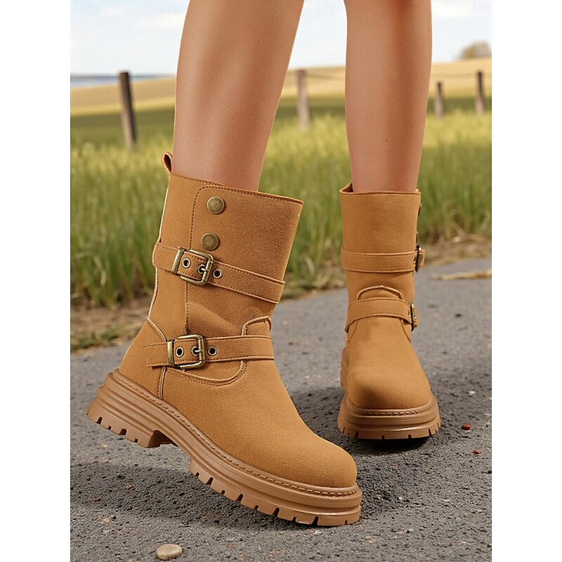 Women's Camel Mid-Calf Boots with Double Buckle Straps and Chunky Lug Sole, Comfortable Outdoor Riding Boots for Fall Winter Casual Wear2