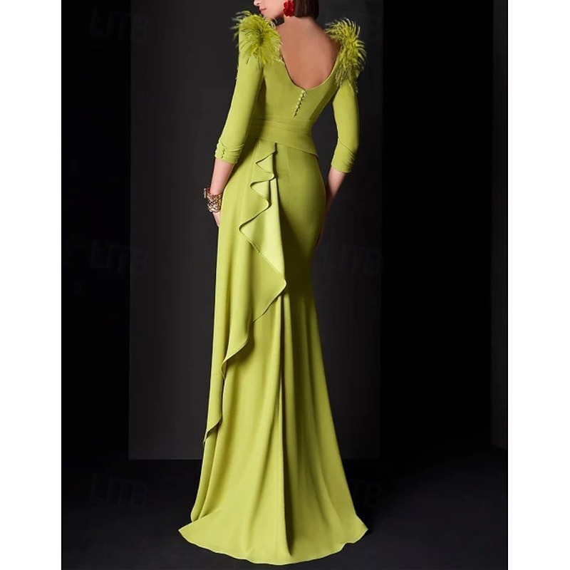 Mermaid Wedding Guest Feather Dress Beach Wedding Evening Gown Elegant Formal Fall Floor Length 3/4 Length Sleeve V Neck with Ruched Ruffles  dress to impress2