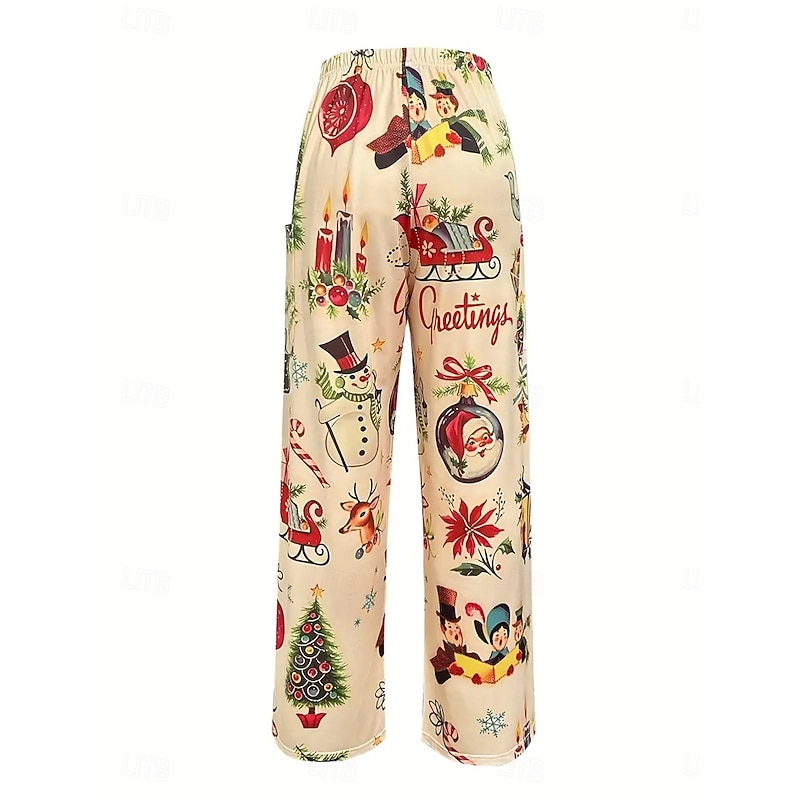 Women's Wide Leg Chinos Pants Trousers Vacation Vintage Ethnic Style Full Length High WaistPantsUgly Christmas Graphic Christmas Pocket Elastic Waistband Print Comfy Breathability Inelastic Vacation2