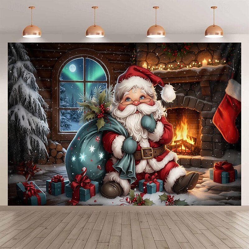 Christmas Hanging Tapestry Santa Claus with Christmas Tree Fireplace and Aurora Borealis Large Wall Art Mural Decor Blanket Curtain Holiday Home Bedroom Living Room Festive Seasonal Decoration2