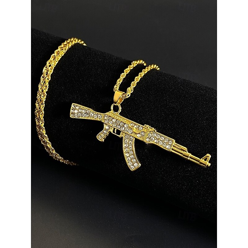 Men's Alloy Pendant Necklace with Rhinestone Gun Design, Hip Hop Bling Jewelry Chain, Fashion Statement Accessory for Parties, Concerts & Streetwear