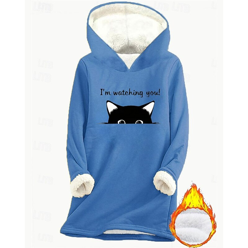 Women's Pullover Hoodie Sweatshirt Graphic Cat Warm Casual Sherpa Fleece Long Sleeve Hooded Long Tops Street Dailywear Casual Print Fleece Lined Dark Pink Blue Gray Fall Winter3