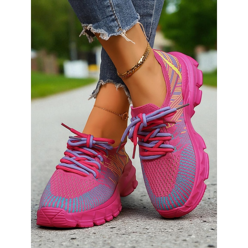 Women's Rose Pink Flyknit Running Sneakers, Lightweight Lace-Up Sports Shoes for Walking, Gym & Casual Wear4