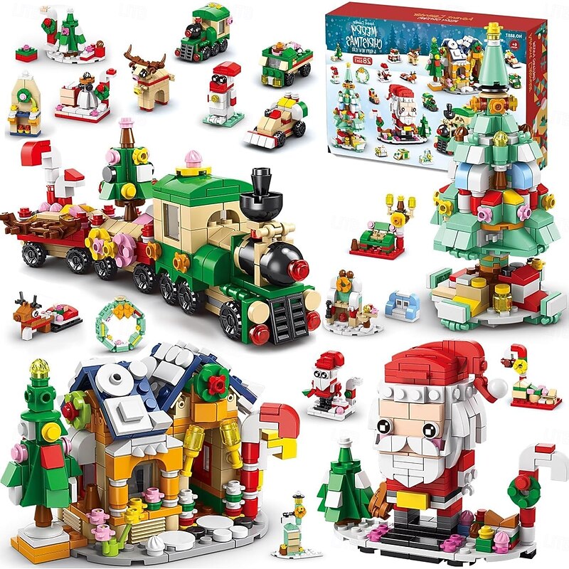 Christmas Advent Calendar Building Blocks for Kids Xmas Countdown Gift, 2025 Christmas Countdown Toy Set with 24 Daily Surprises, Includes Christmas Tree, Train & House Building Sets, Holiday Gift for Boys & Girls