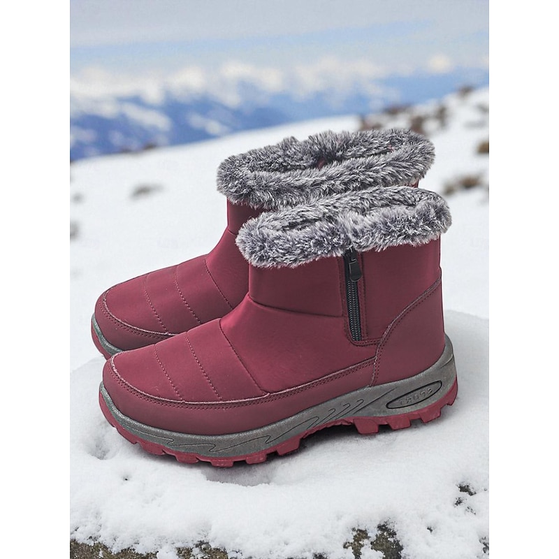 Women's Burgundy Waterproof Snow Boots with Faux Fur Lining and Side Zipper, Warm Winter Ankle Boots for Outdoor Walking & Hiking2