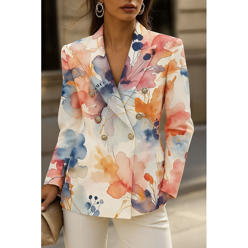 Women's Blazer Warm Comfortable Buttons Vintage Fashion Classic Modern Floral Vacation Home Casual Daily Double Breasted Regular Notch Lapel Regular Fit Long Sleeve Outerwear Pink Blue Spring Fall