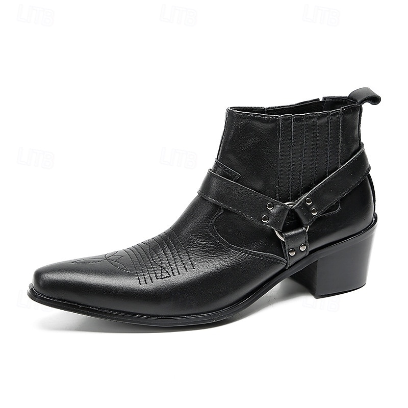 Men's Genuine Leather Black Harness Boots with Pointed Toe and Block Heel, Cowhide Motorcycle Cowboy Boots for Stage, Parties and Rock Style Outfits2