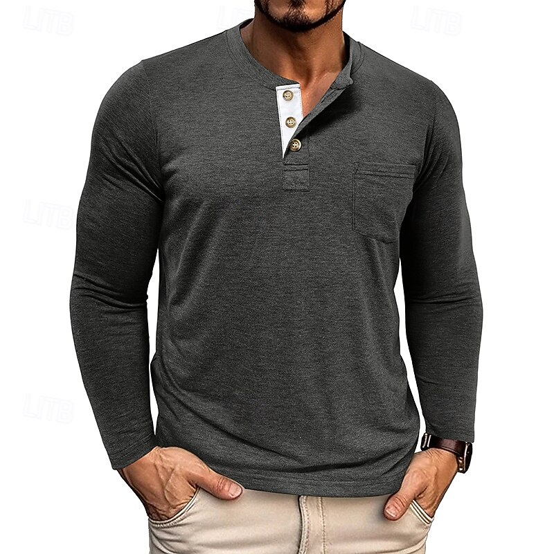 Men's Waffle Henley Shirt Tee Long Sleeve Solid Color Plain Textured Fashion Designer Casual Pocket Buttons Henley Outdoor Casual Daily Fall Winter All Seasons White Navy Blue Blue Henley T-Shirt3