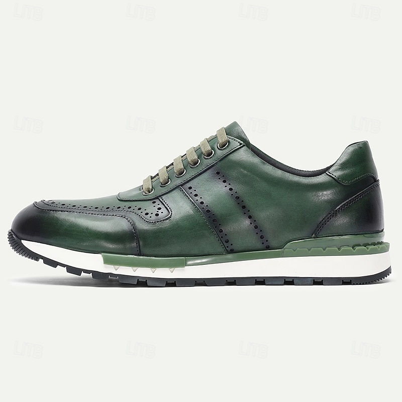 Men's Green Genuine Leather Brogue Sneakers with Wingtip Detailing and Rubber Sole, Stylish Casual Dress Shoes for Business Travel and Everyday Wear3