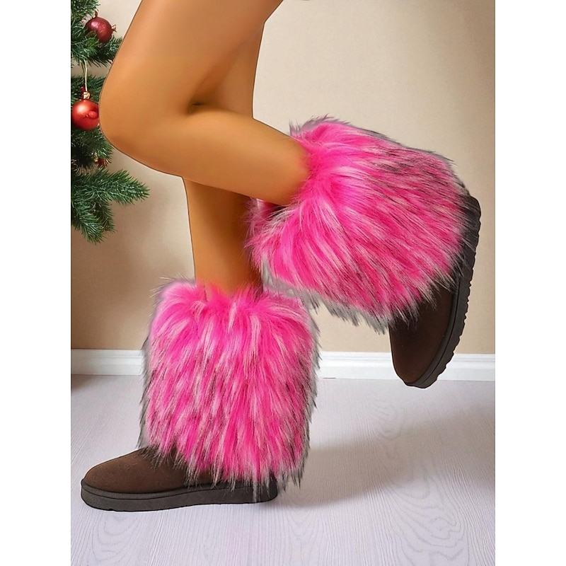 Women's Brown Suede Boots with Fluffy Rose Pink Faux Fur Trim, Cozy Mid-Calf Winter Shoes, Stylish Party & Streetwear Footwear for Fashion-Forward Women