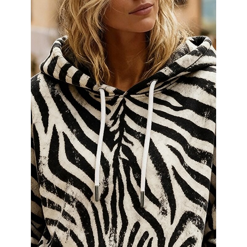 Women's Pullover Hoodies Striped Fashion Streetwear Casual Long Sleeve Hooded Regular Tops Dailywear Casual Drawstring Print Black Spring Fall2