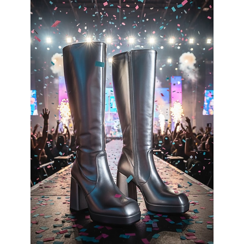 Women's Silver Metallic Knee-High Platform Boots, 1980s Disco Retro Block Heel Go-Go Boots for K-Pop Stage, Parties & Concert Performances - Main Image