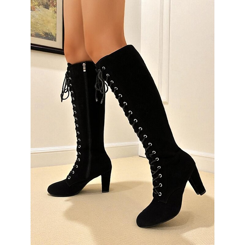 Women's Knee-High Lace-Up Suede Boots, Vintage Chic Style Block Heel Tall Boots for Fall & Winter Outfits, Cosplay, and Daily Wear2