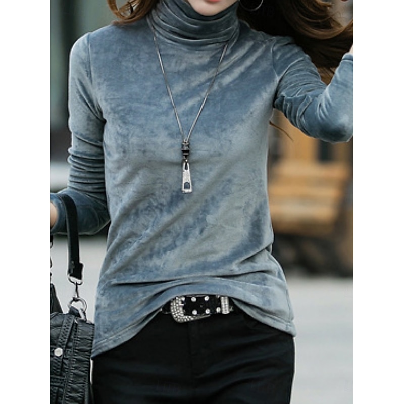 Women's Blouse Solid Color Elegant Stylish Basic Long Sleeve Turtleneck Regular Tops Daily Ruched Black Red Purple Green Gray Fall Winter