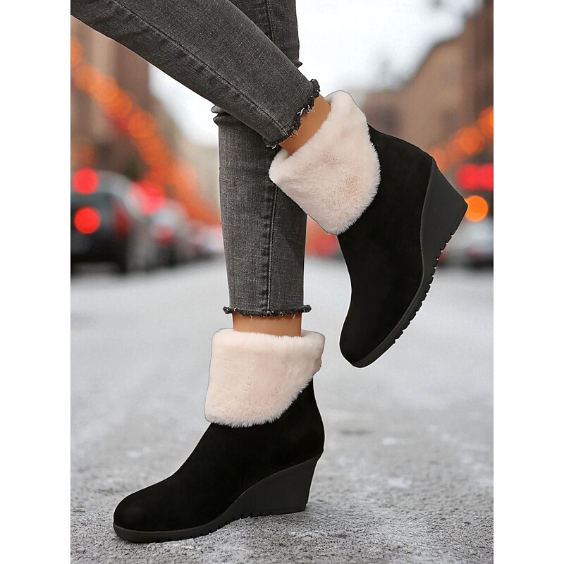 Women's Black Suede Wedge Ankle Boots with Faux Fur Lining - Winter Warm Non-Slip Casual Snow Boots for Outdoor and Daily Wear4