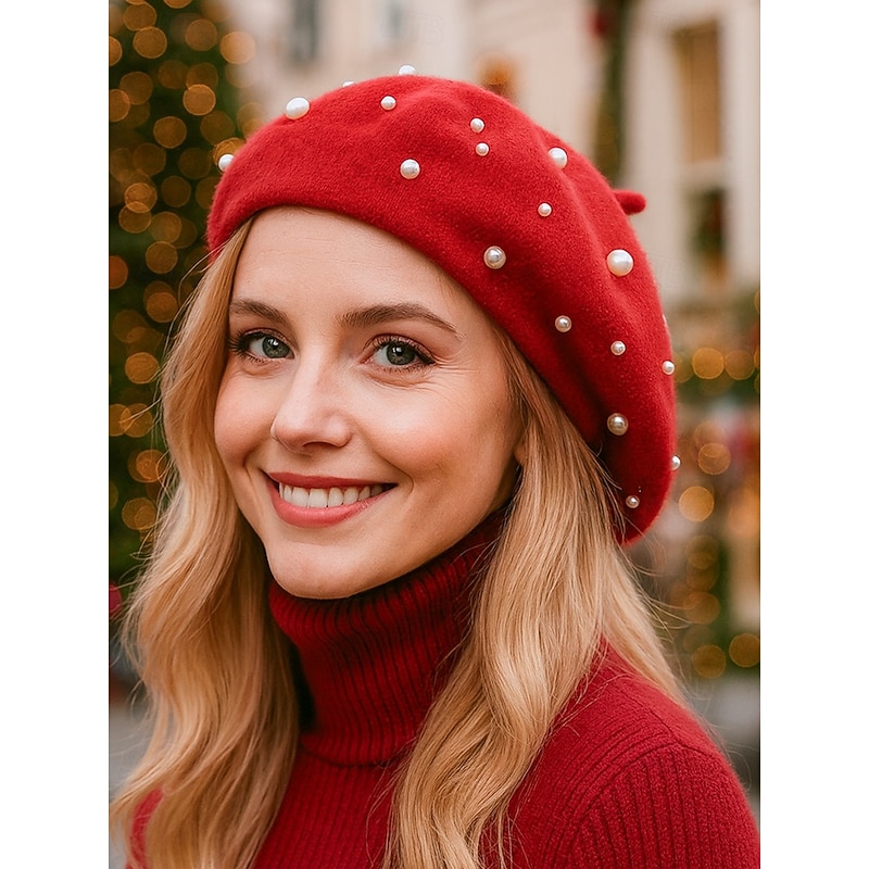 Women's Christmas Faux Cashmere Beret Hat, Elegant Pearl Embellished Winter Hat, Soft Warm French Style Cap for Holiday, Party and Daily Wear, Multi-Color Options