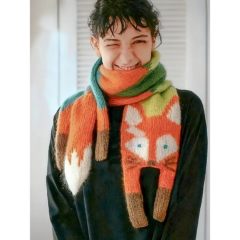 Women's Knitted Fox Scarf, Cute Animal Winter Neck Warmer, Soft Colorful Cartoon Shawl for Casual Wear, Outdoor & Holiday Gifts4