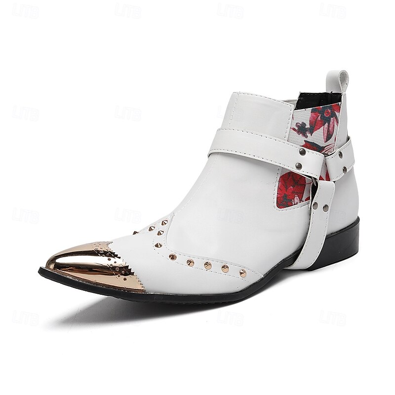 Men's White Genuine Leather Western Boots with Floral Print, Metal Studs, and Pointed Toe, 100% Cowhide Cowboy Ankle Boots for Stage, Parties and Rock Fashion2