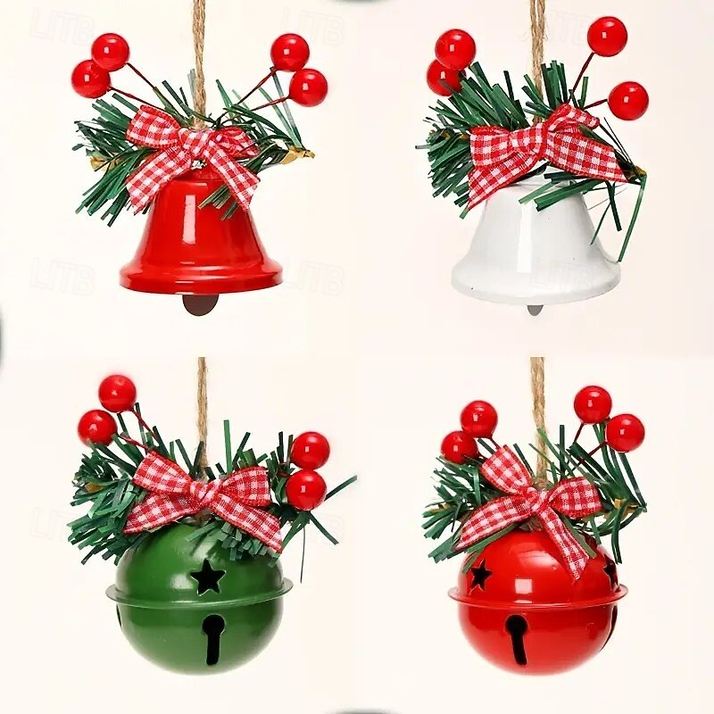 6pcs Christmas Bells Ornaments – Metal Hanging Decorations with Red Berries and Plaid Bows, Perfect for Holiday Tree, Wreath, Wall and Door Decor4